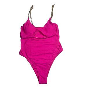 Women's pink one piece bathing suit swimwear size XL gold chain straps high cut